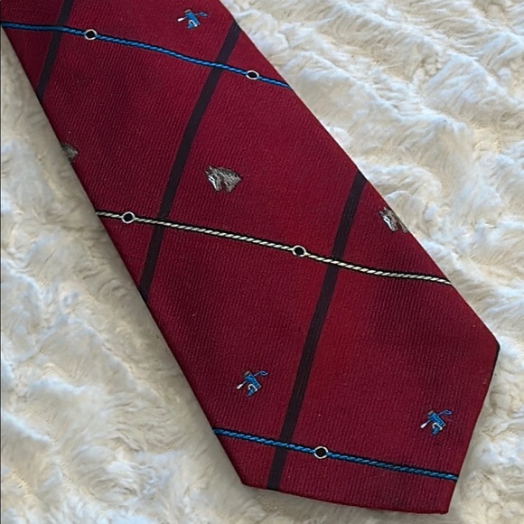Vintage Bill Blass equestrian maroon navy Silk poly Tie with horse boot rope - Picture 1 of 8